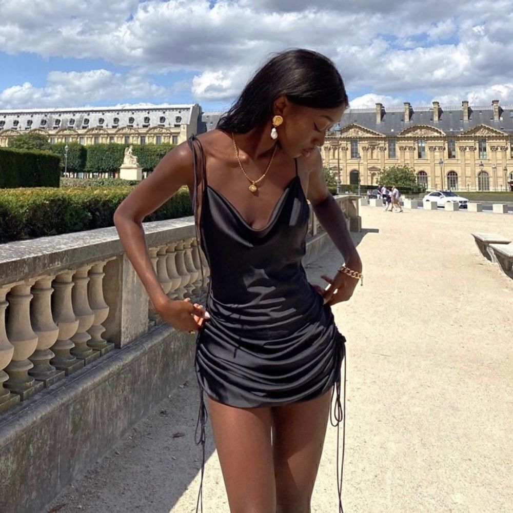 [boutique] drawstring black satin dress #2